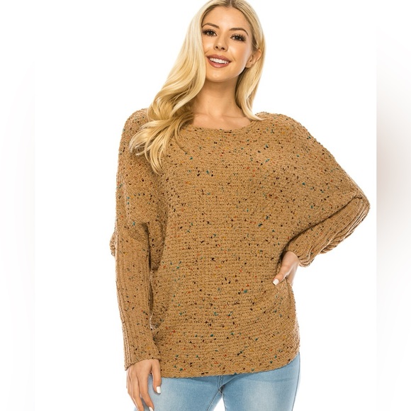 Cream Spring Weave Knit Dolman Sleeve Sweater with Multicolor Confetti Detail - Picture 6 of 7
